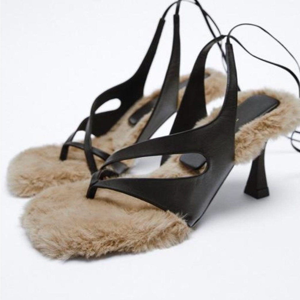 NWT Zara Faux Fur Leather Strappy Heeled Sandals | Size 38